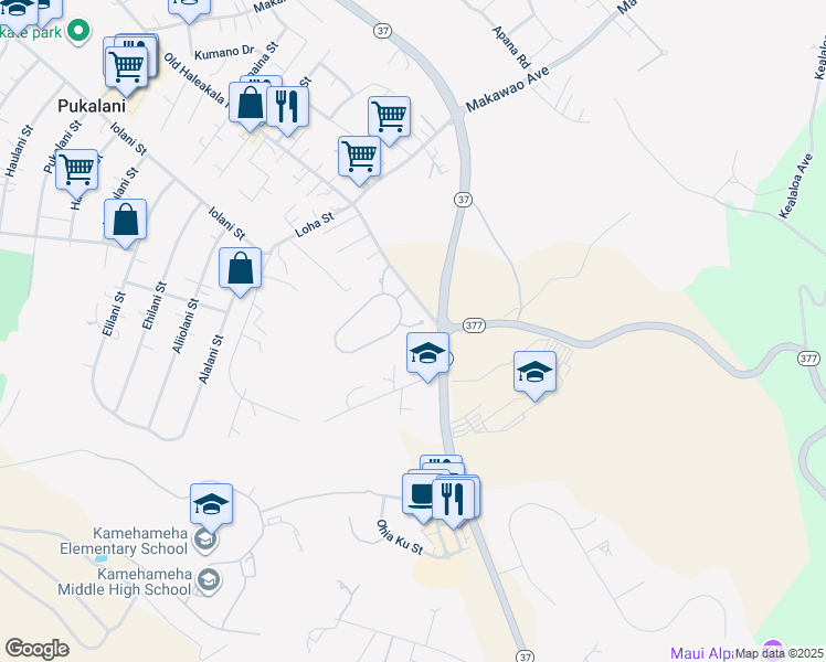 map of restaurants, bars, coffee shops, grocery stores, and more near 16 Lilinoe Place in Makawao