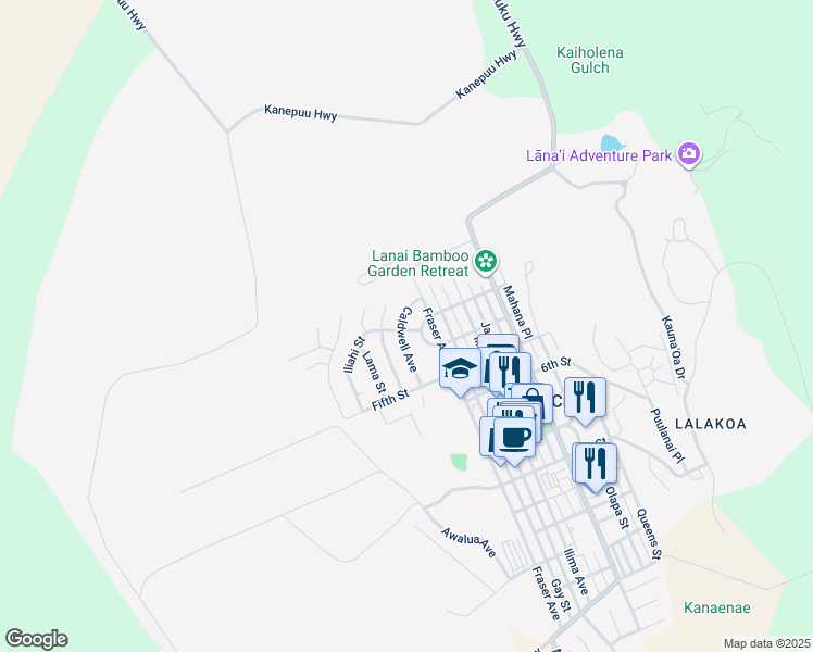 map of restaurants, bars, coffee shops, grocery stores, and more near 228 Waialua Place in Lanai City