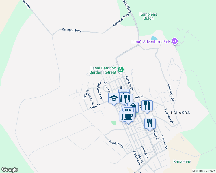map of restaurants, bars, coffee shops, grocery stores, and more near 346 Gay Street in Lanai City
