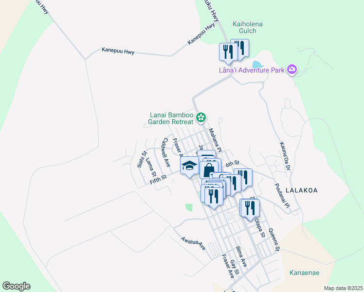 map of restaurants, bars, coffee shops, grocery stores, and more near 346 Gay Street in Lanai City