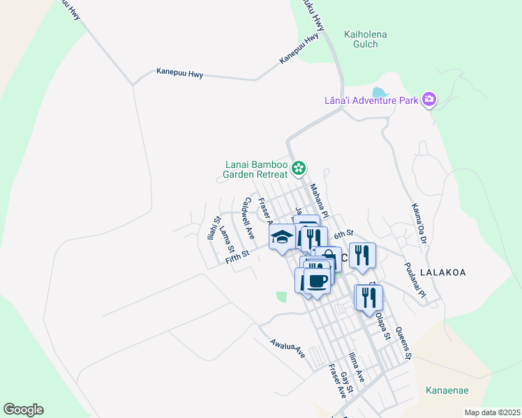 map of restaurants, bars, coffee shops, grocery stores, and more near 328 Ehunani Circle in Lanai City