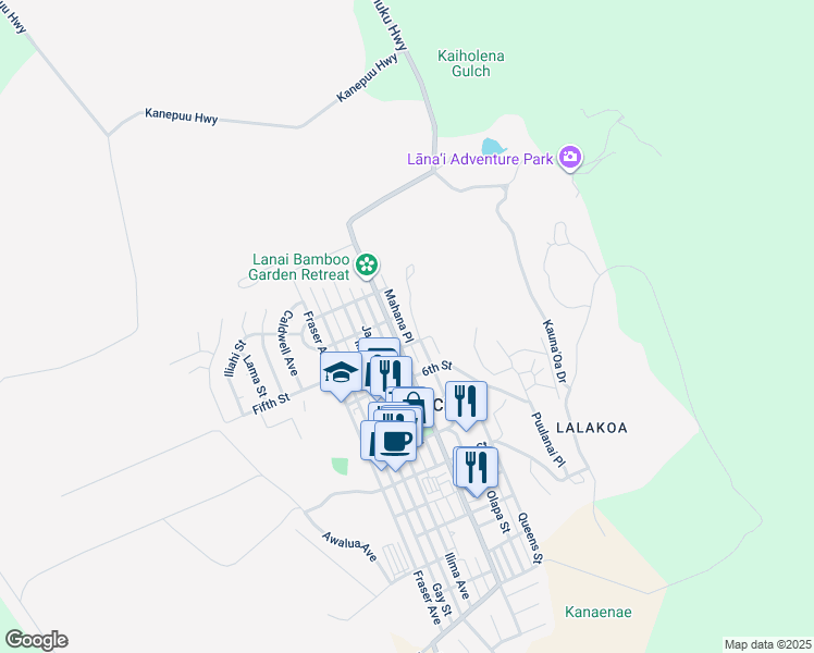 map of restaurants, bars, coffee shops, grocery stores, and more near Mahana Street in Honolulu