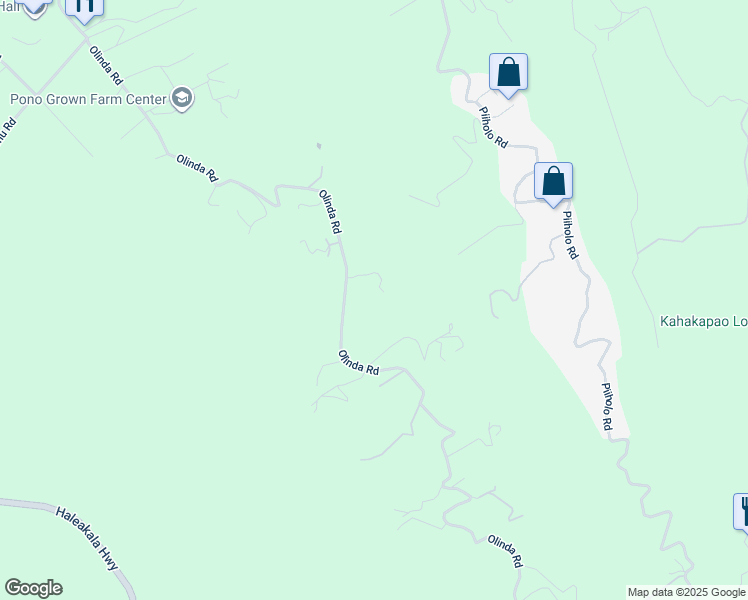 map of restaurants, bars, coffee shops, grocery stores, and more near 1165 Olinda Road in Makawao