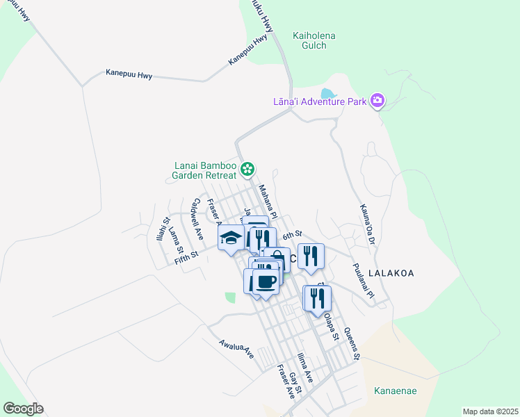 map of restaurants, bars, coffee shops, grocery stores, and more near 405 Lanai Avenue in Lanai City