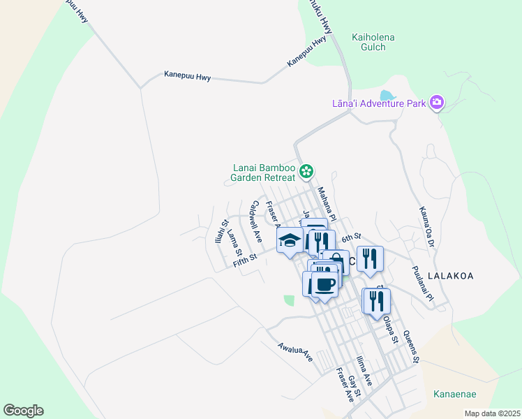 map of restaurants, bars, coffee shops, grocery stores, and more near 327 Ehunani Circle in Lanai City