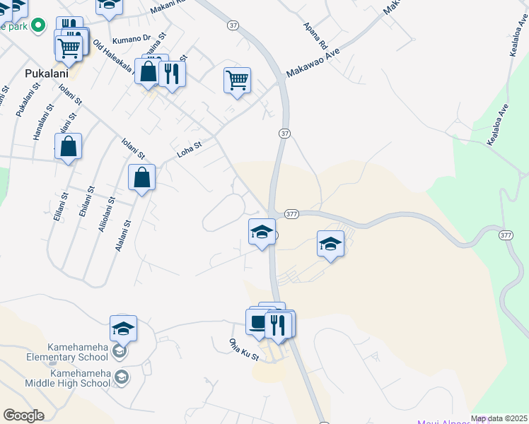 map of restaurants, bars, coffee shops, grocery stores, and more near 40 Lilinoe Place in Makawao