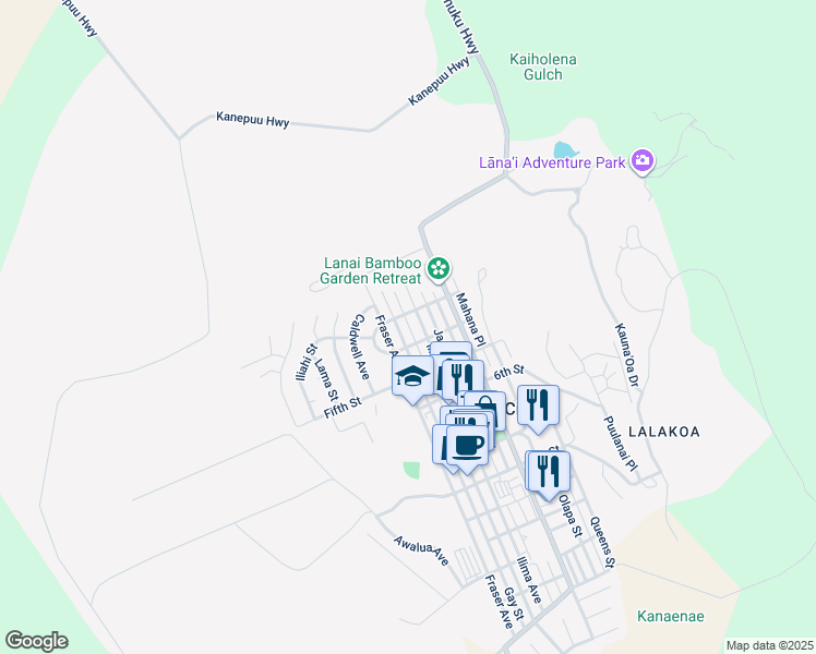 map of restaurants, bars, coffee shops, grocery stores, and more near 346 Gay Street in Lanai City