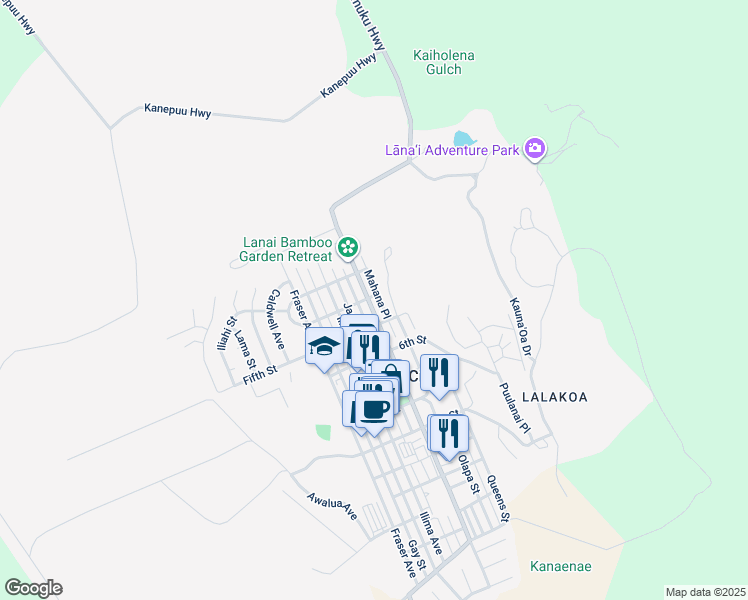 map of restaurants, bars, coffee shops, grocery stores, and more near 432 Mahana Place in Lanai City