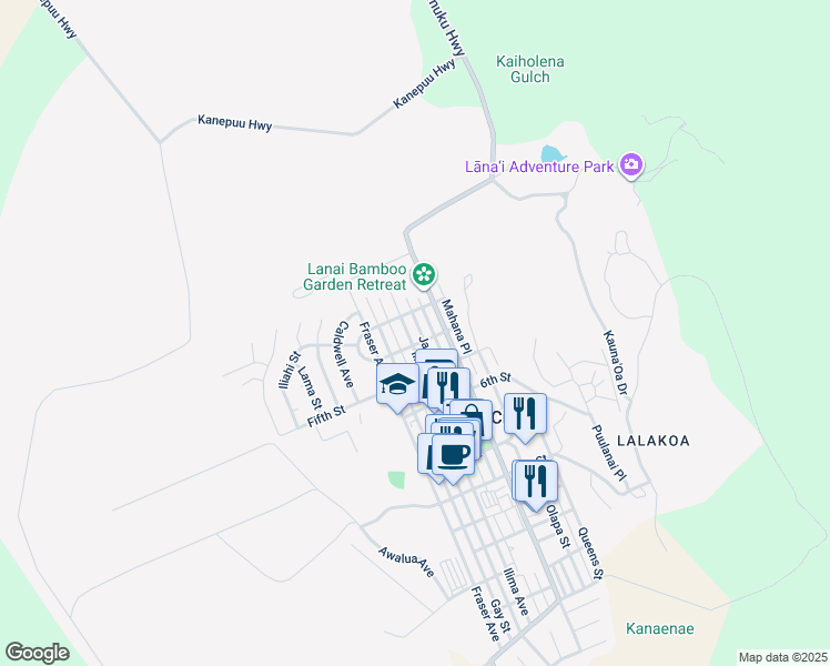 map of restaurants, bars, coffee shops, grocery stores, and more near 336 Ilima Avenue in Lanai City