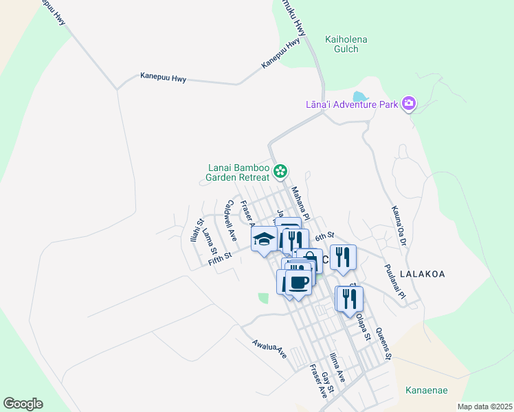 map of restaurants, bars, coffee shops, grocery stores, and more near 346 Gay Street in Lanai City