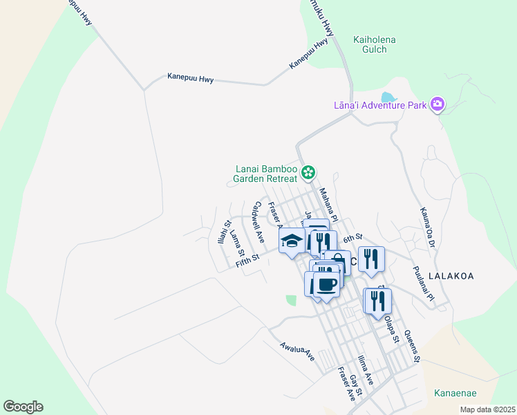 map of restaurants, bars, coffee shops, grocery stores, and more near 228 Waialua Place in Lanai City