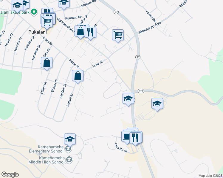 map of restaurants, bars, coffee shops, grocery stores, and more near 85 Lei Ohu Circle in Makawao
