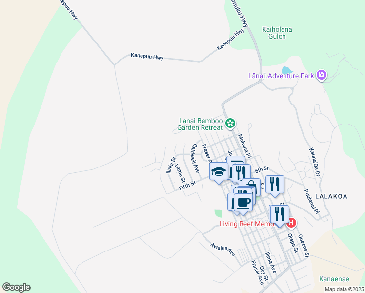 map of restaurants, bars, coffee shops, grocery stores, and more near 268 Nā‘ū Place in Lanai City