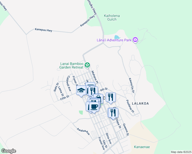 map of restaurants, bars, coffee shops, grocery stores, and more near 400 Mahana Place in Lanai City