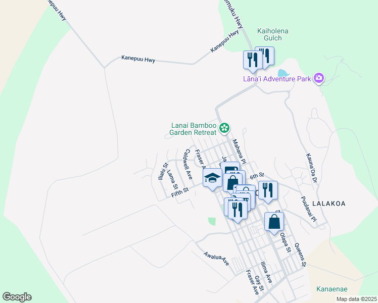map of restaurants, bars, coffee shops, grocery stores, and more near 228 Waialua Place in Lanai City