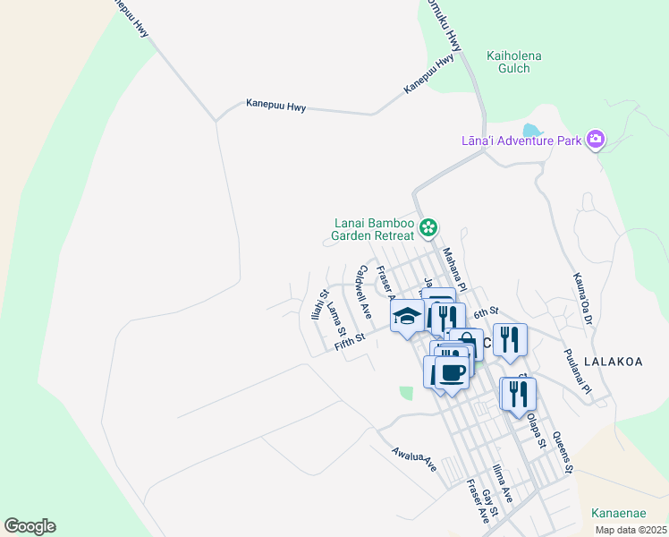map of restaurants, bars, coffee shops, grocery stores, and more near 300 Ahakea Street in Lanai City