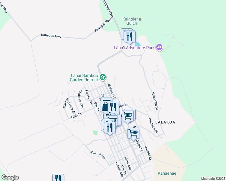 map of restaurants, bars, coffee shops, grocery stores, and more near 400 Mahana Place in Lanai City