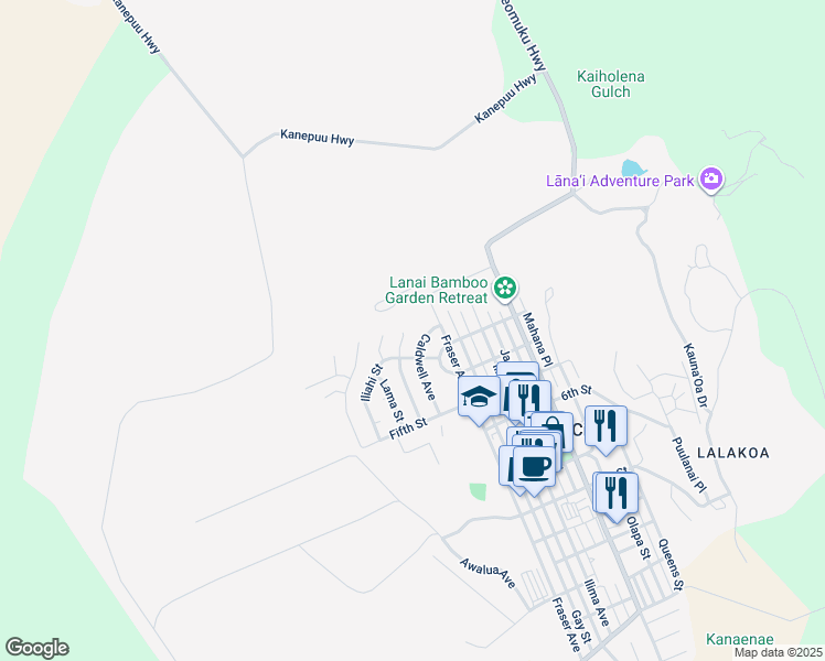 map of restaurants, bars, coffee shops, grocery stores, and more near 255 Nā‘ū Place in Lanai City