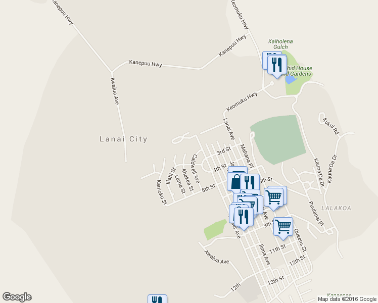 map of restaurants, bars, coffee shops, grocery stores, and more near 255 Nā‘ū Place in Lanai City
