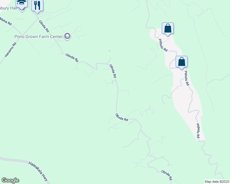 map of restaurants, bars, coffee shops, grocery stores, and more near 1130 Olinda Road in Makawao