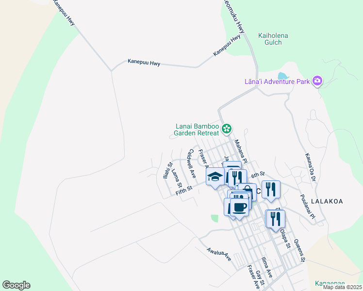 map of restaurants, bars, coffee shops, grocery stores, and more near 252 Nā‘ū Place in Lanai City