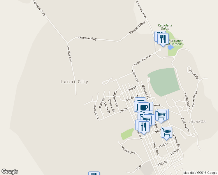 map of restaurants, bars, coffee shops, grocery stores, and more near 252 Nā‘ū Place in Lanai City