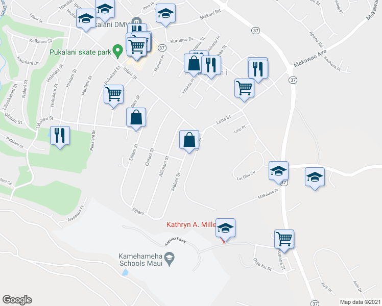 map of restaurants, bars, coffee shops, grocery stores, and more near 183 Alalani Street in Makawao