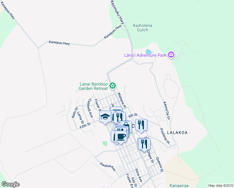 map of restaurants, bars, coffee shops, grocery stores, and more near 304 Lanai Avenue in Lanai City