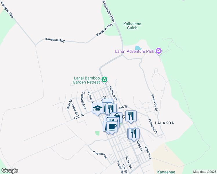 map of restaurants, bars, coffee shops, grocery stores, and more near 304 Lanai Avenue in Lanai City