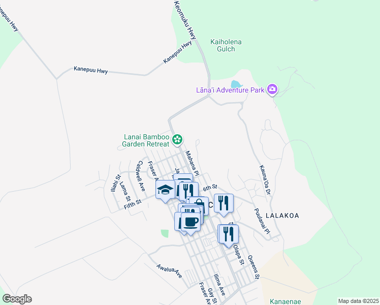 map of restaurants, bars, coffee shops, grocery stores, and more near 312 Mahana Place in Lanai City