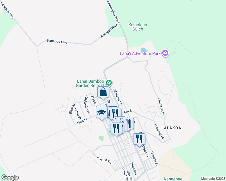 map of restaurants, bars, coffee shops, grocery stores, and more near 304 Lanai Avenue in Lanai City