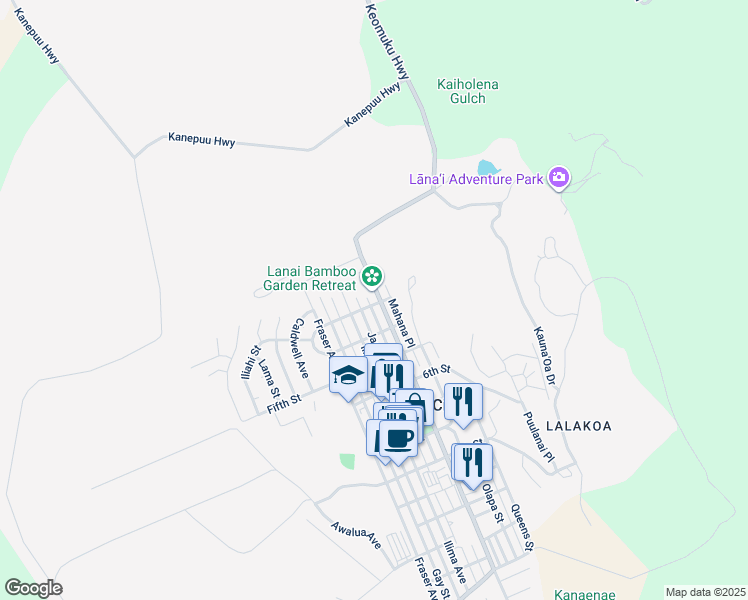 map of restaurants, bars, coffee shops, grocery stores, and more near 275 Lanai Avenue in Lanai City