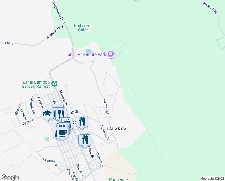 map of restaurants, bars, coffee shops, grocery stores, and more near 635 Kauna'Oa Drive in Lanai City