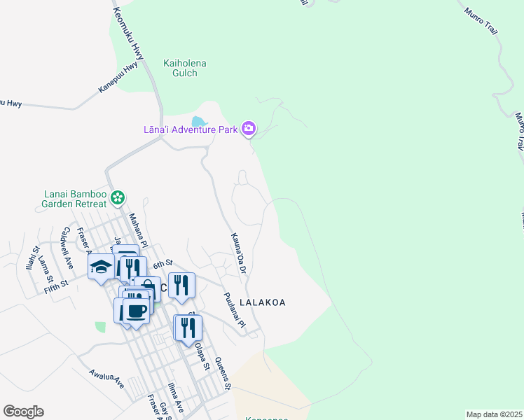 map of restaurants, bars, coffee shops, grocery stores, and more near 635 Kauna'Oa Drive in Lanai City
