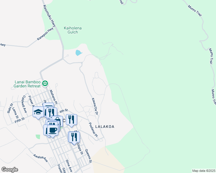 map of restaurants, bars, coffee shops, grocery stores, and more near 730 Kauna'Oa Drive in Lanai City