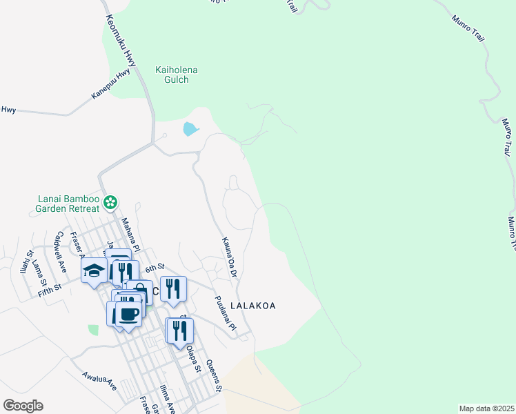map of restaurants, bars, coffee shops, grocery stores, and more near 730 Kauna'Oa Drive in Lanai City