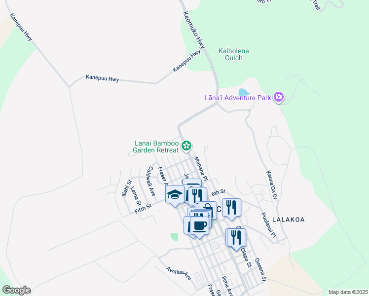 map of restaurants, bars, coffee shops, grocery stores, and more near 219 Lanai Avenue in Lanai City