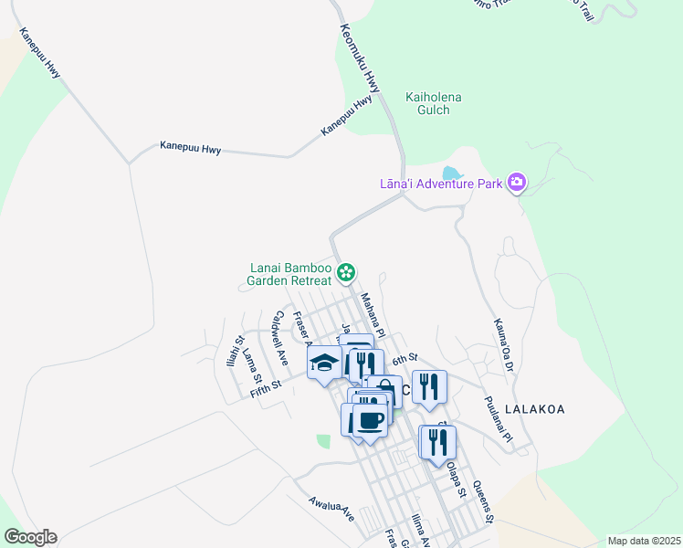 map of restaurants, bars, coffee shops, grocery stores, and more near 219 Lanai Avenue in Lanai City