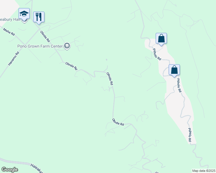 map of restaurants, bars, coffee shops, grocery stores, and more near 1002 Olinda Road in Makawao
