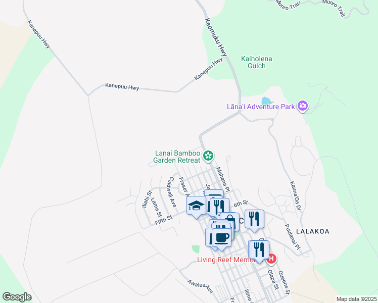 map of restaurants, bars, coffee shops, grocery stores, and more near 181 Lanai Avenue in Lanai City