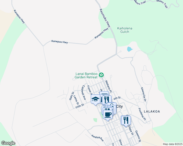 map of restaurants, bars, coffee shops, grocery stores, and more near 181 Lanai Avenue in Lanai City