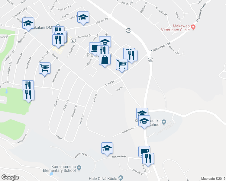 map of restaurants, bars, coffee shops, grocery stores, and more near 56 Lino Place in Makawao