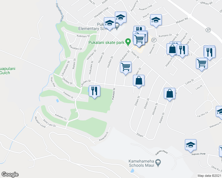 map of restaurants, bars, coffee shops, grocery stores, and more near 326 Pukalani Street in Makawao