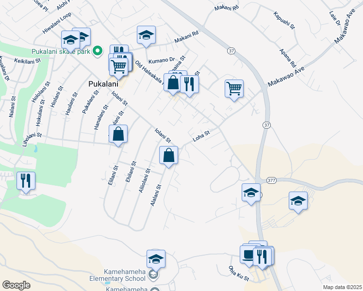map of restaurants, bars, coffee shops, grocery stores, and more near 3351 Iolani Street in Makawao