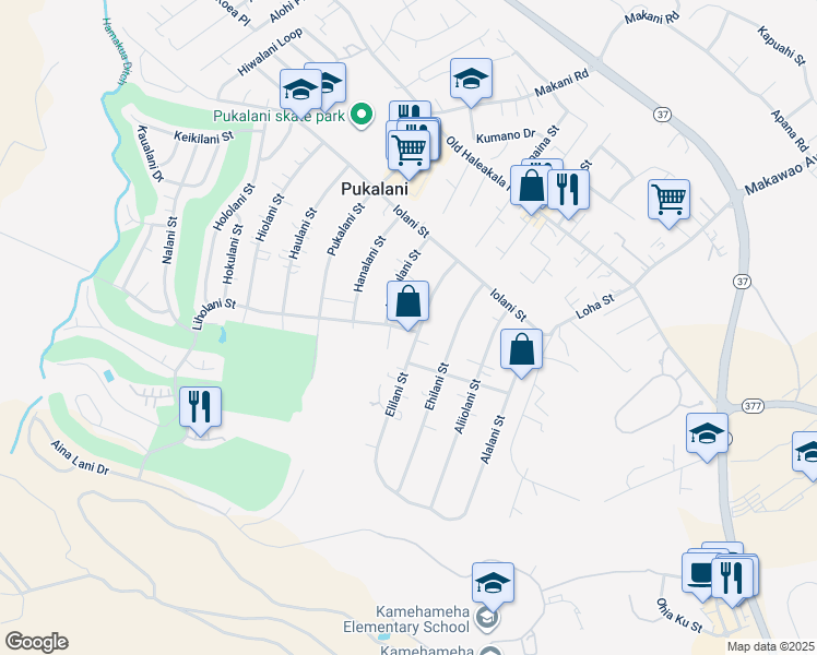 map of restaurants, bars, coffee shops, grocery stores, and more near 224 Elilani Street in Makawao