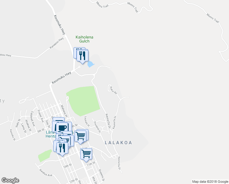 map of restaurants, bars, coffee shops, grocery stores, and more near Kukui Road in Lanai City