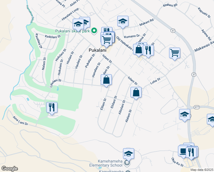 map of restaurants, bars, coffee shops, grocery stores, and more near 224 Elilani Street in Makawao