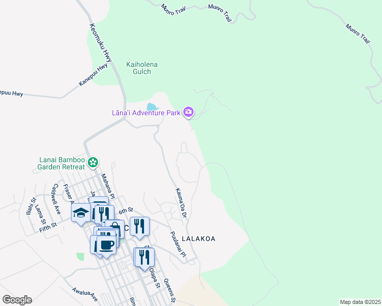 map of restaurants, bars, coffee shops, grocery stores, and more near 50 Kukui Road in Lanai City