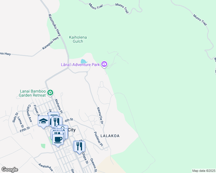 map of restaurants, bars, coffee shops, grocery stores, and more near 50 Kukui Road in Lanai City