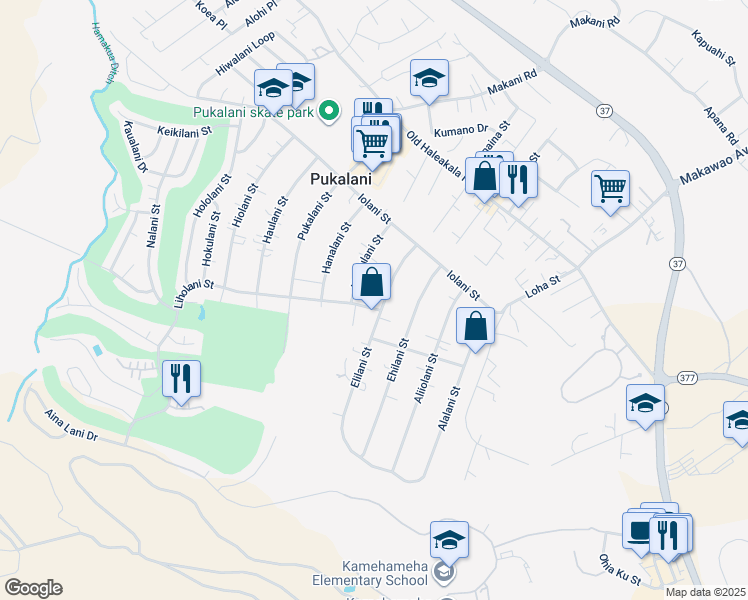 map of restaurants, bars, coffee shops, grocery stores, and more near 218 Elilani Street in Makawao